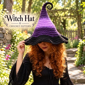 May include: A crocheted witch hat featuring a tall, pointed, spiraled top in shades of purple that transition to a wide, black, wavy brim. The text 'Witch Hat CROCHET PATTERN' is printed in the upper left corner of the image.