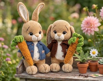 Schema all'uncinetto per Peter Rabbit e Benjamin Brother, coniglietto amigurumi con giacca, peluche, tutorial in PDF in inglese, regalo di Pasqua per neonati