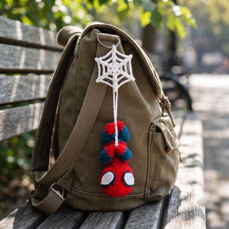 May include: An olive green canvas backpack with a crocheted keychain attached to the metal D-ring. The keychain features a white yarn spiderweb connected to a small, stuffed, red and blue crocheted figure with large white eyes.