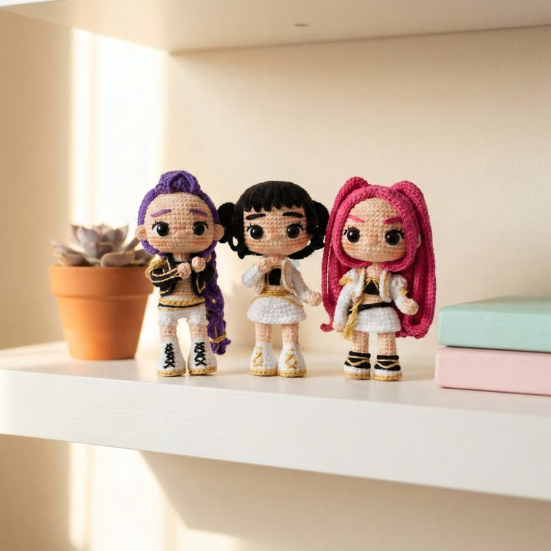 May include: Three handmade crochet dolls with different hairstyles and outfits. The dolls have black eyes and are wearing white shorts and skirts. One doll has purple hair, one has black hair, and the third has pink hair. They are standing on a white shelf.