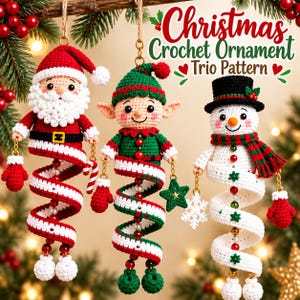 May include: Three hanging crochet ornaments featuring a Santa Claus, an elf, and a snowman. Each figure has a spiral body, red and white mittens, and beaded accents. The text "Christmas Crochet Ornament Trio Pattern" is displayed at the top.