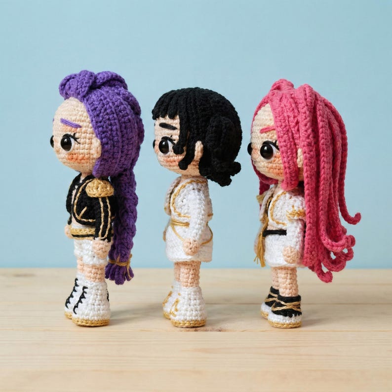 May include: Three handmade crochet dolls with different hairstyles and outfits. The dolls have purple, black, and pink hair. Each doll wears a white outfit with gold accents and matching shoes. The dolls are standing on a wooden surface.