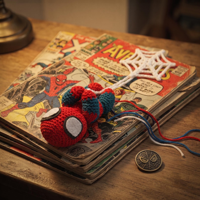 May include: A red and blue crocheted superhero figure with white felt eyes, attached to a white crocheted spiderweb. The figure has loose red, white, and blue yarn strands extending from its body, and a small circular metal coin with a spiderweb design.