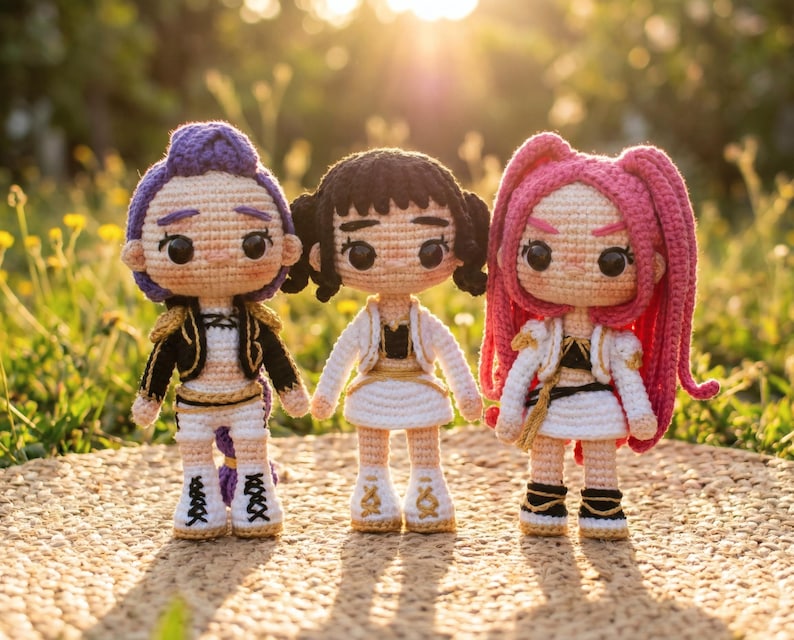 May include: Three handmade crochet dolls with different hairstyles and outfits. The dolls have black eyes and are standing on a textured surface. The dolls are wearing white skirts, jackets, and boots with gold and black accents. One doll has purple hair, one has black hair, and one has pink hair.