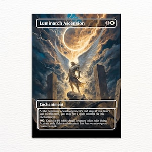 May include: A fantasy card titled "Luminarch Ascension" featuring an angelic figure with large wings, standing on a rocky outcrop. The background shows a celestial scene with a bright light and clouds. The card has text describing its enchantment abilities.