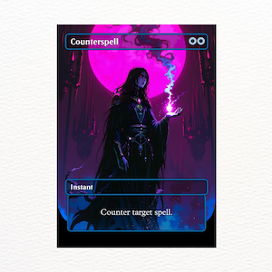 May include: A fantasy art card with a dark-haired figure in a black robe, holding a glowing blue and purple energy. The card reads "Counterspeel" and "Instant" with the text "Counter target spell." A large pink moon is in the background.