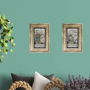 May include: Two framed art prints with a rustic, distressed gold frame. Each print features a watercolor illustration with the text "Home Sweet Home" and "There's No Place Like Home". The artwork depicts a birdhouse, books, and a vase.