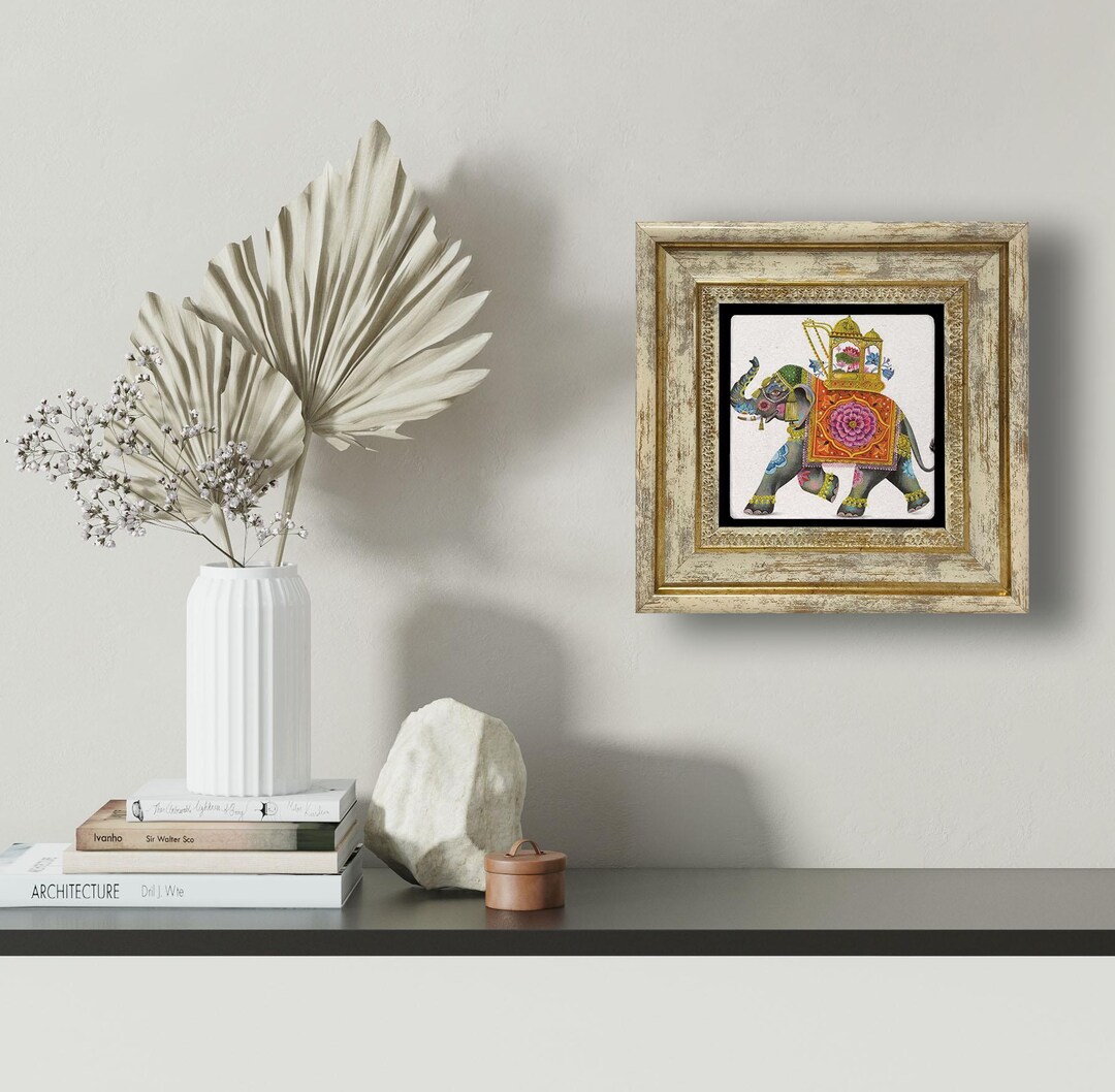 Indian Elephant Art Print on Travertine Stone – Framed Boho Mandala ...