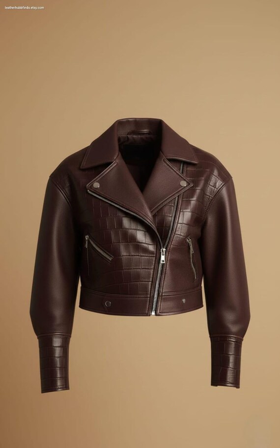 Women Croc Embossed Brown Moto Jacket Trendy Streetwear Birthday Gift