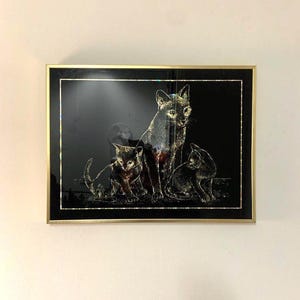 Dutch Laser Print Cat Wall Art, 1980s JADO Optical Art in Gold Frame