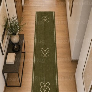 Alfombra de lana tejida a mano, alfombra verde para pasillo, alfombra minimalista escandinava, alfombra larga para pasillo con diseño floral, alfombra moderna para entrada.