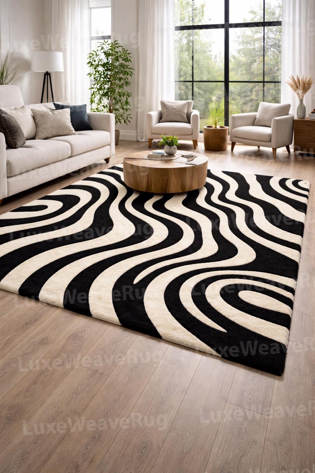 Black & Cream Hand Tufted Wool Rug, Modern Abstract Area Rug ...