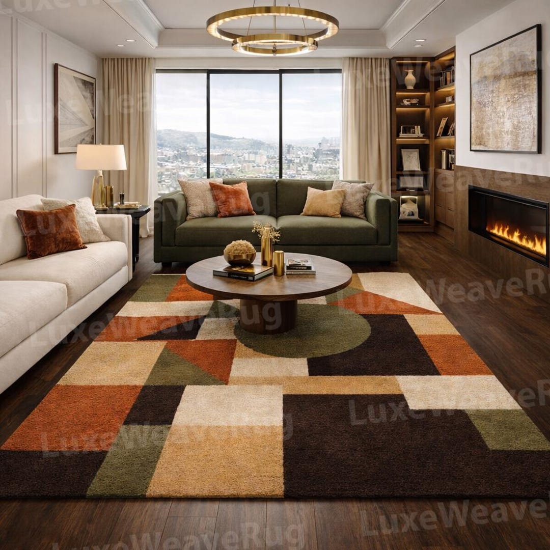 Hand Tufted Wool Rug, Mid Century Modern Geometric Rug, Earth Tone ...