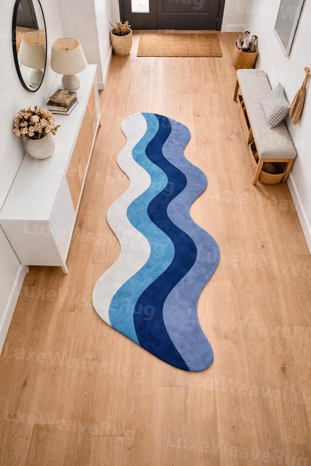 Hand Tufted Wool Rug, Modern Wavy Blue Area Rug, Irregular Shape ...