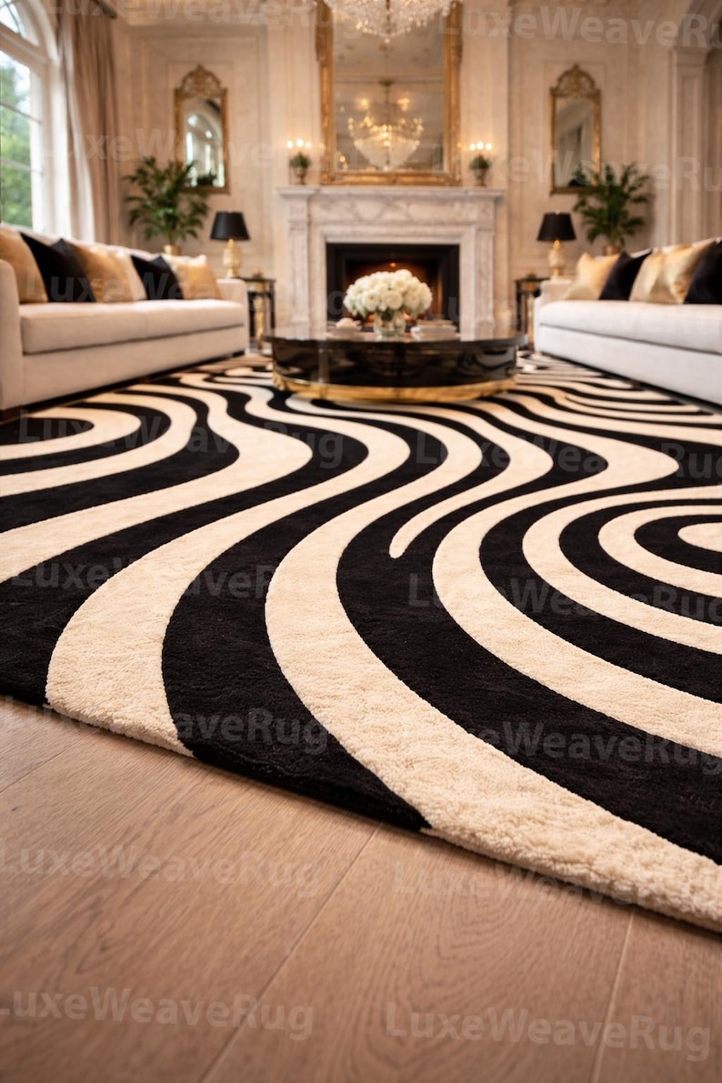 Black & Cream Hand Tufted Wool Rug, Modern Abstract Area Rug ...