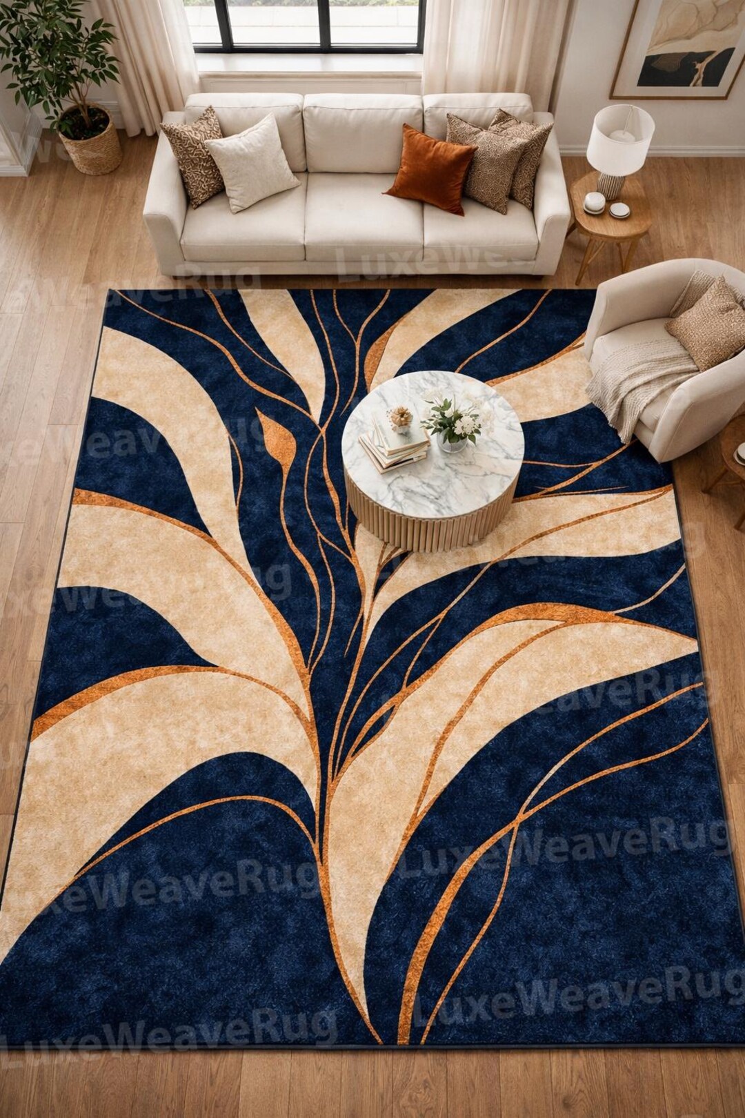 Hand Tufted Wool Rug, Navy Blue Gold Abstract Floral Area Rug, Modern ...