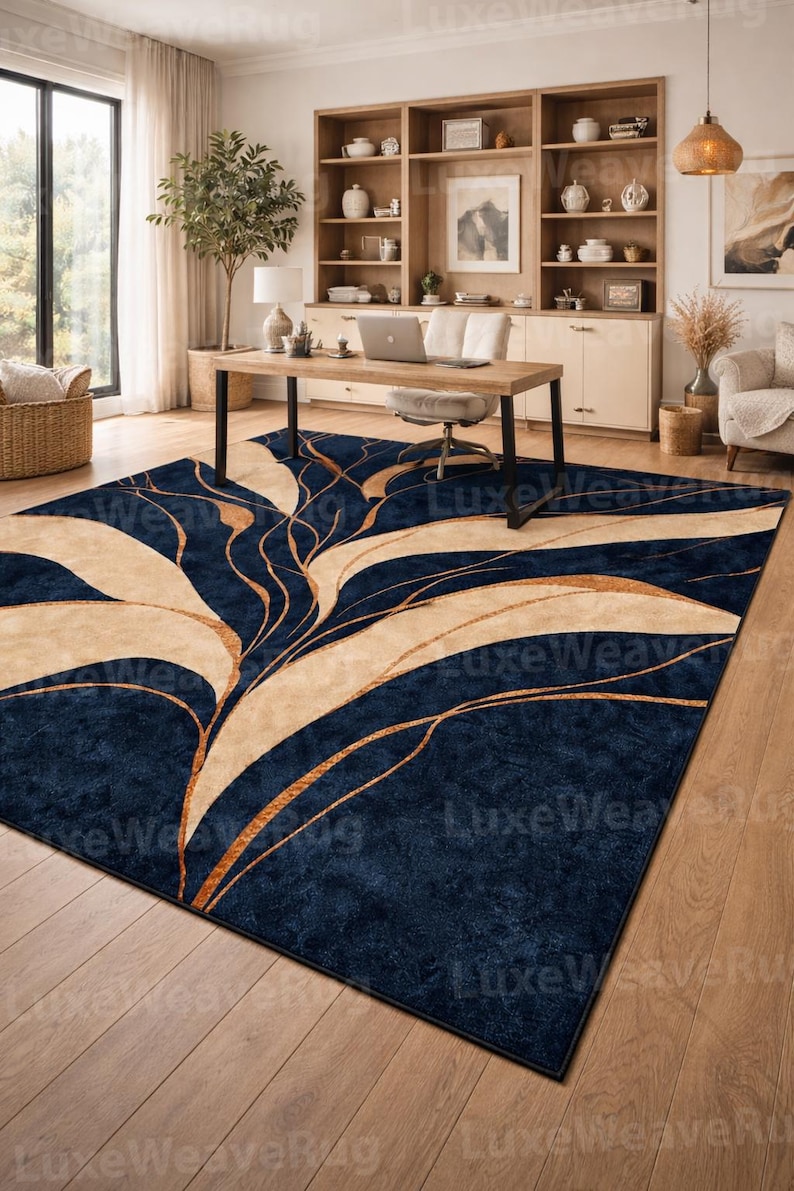 Hand Tufted Wool Rug, Navy Blue Gold Abstract Floral Area Rug, Modern ...