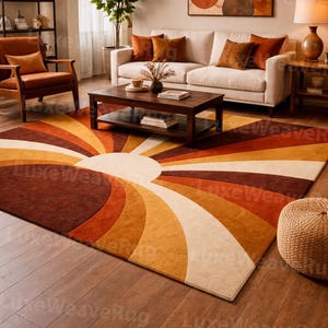 Handtuftad ullmatta, retro sunburst-matta, 50-talsmodern boho solnedgångsmatta, geometrisk vardagsrumsmatta, heminredning i varm jordfärg
