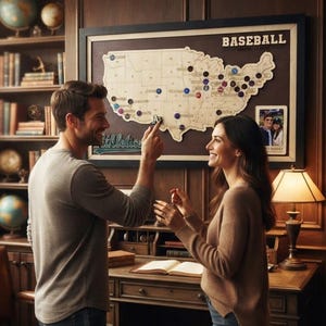 May include: A framed wooden map of the United States with the word BASEBALL printed at the top. The map features various circular markers placed across different states and includes a small rectangular photograph in the lower right corner.