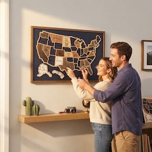 Personalisierte USA-Reisekarte aus Holz, 50-Staaten-Puzzle, Geschenk für Wohnmobil-Fans (mit individuellem Namen)