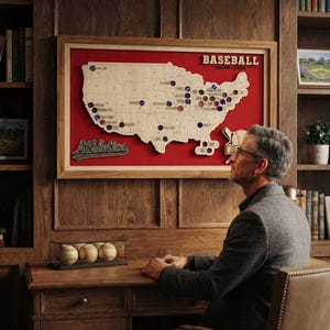 May include: A rectangular wooden wall display featuring a laser-cut map of the United States mounted on a red felt background. The map includes the text BASEBALL MAJOR LEAGUE and Athletics. A glass display case containing three baseballs sits below.