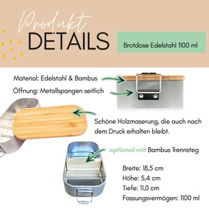 May include: A rectangular stainless steel lunch box with a bamboo lid, featuring side metal clasps, an optional bamboo divider, and dimensions of 18.5 cm by 5.4 cm by 11.0 cm with an 1100 ml capacity. The text reads Produkt DETAILS, Brotdose Edelstahl 1100 ml.