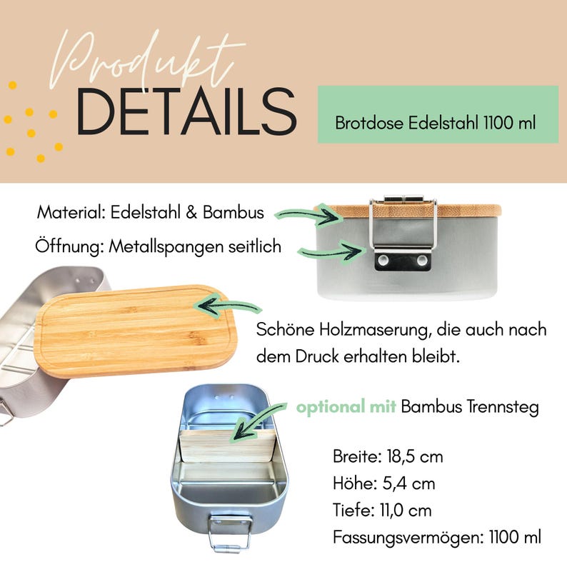 May include: A rectangular stainless steel lunch box with a bamboo lid, featuring side metal clasps, an optional bamboo divider, and dimensions of 18.5 cm by 5.4 cm by 11.0 cm with an 1100 ml capacity. The text reads Produkt DETAILS, Brotdose Edelstahl 1100 ml.
