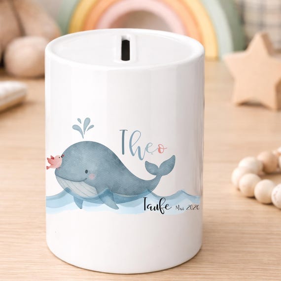 Personalisierte Keramik Spardose zur Taufe mit Name & Datum | Wal mit Taube oder Segelboot |  Geldgeschenk Baby | Taufgeschenk Kind