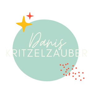 May include: A circular logo design featuring a light mint green background with the handwritten text Danis and the capitalized word KRITZELZAUBER overlaid. The graphic includes a yellow four-pointed star, a small red star, and red dots.
