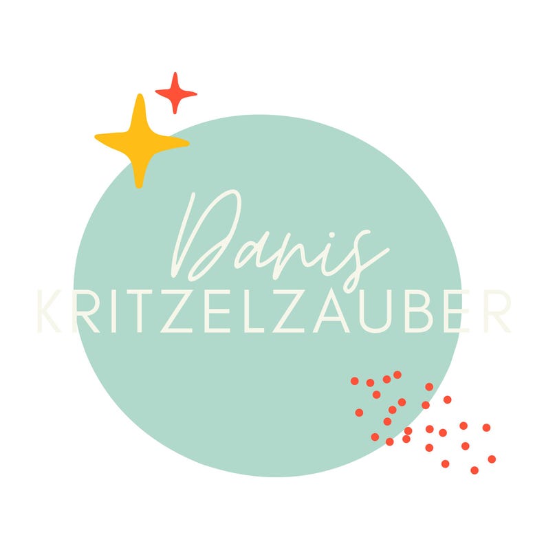 May include: A circular logo design featuring a light mint green background with the handwritten text Danis and the capitalized word KRITZELZAUBER overlaid. The graphic includes a yellow four-pointed star, a small red star, and red dots.