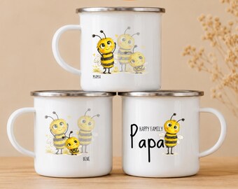 Personalisierte Familien Bienen Tasse | Mama Papa Kinder Tassen Set | Geschenk für Familie | Emaille Tasse mit Namen I Geschenk Geburt