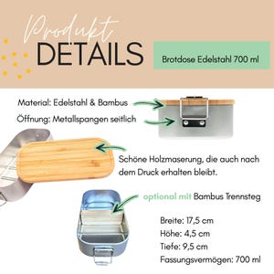 May include: A stainless steel lunch box with a bamboo lid, featuring side metal clasps, an optional bamboo divider, and dimensions of 17.5 cm by 4.5 cm by 9.5 cm with a 700 ml capacity. The text reads Produkt DETAILS, Brotdose Edelstahl 700 ml.