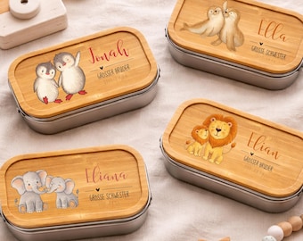 Personalisierte Lunchbox Brotdose für große Schwester / großen Bruder seit 2026. Name und Tiermotiv - Geschenk Geburt Geschwisterchens