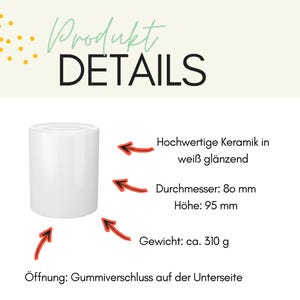 May include: A white ceramic cylinder with a glossy finish. The product details include the text "Produkt DETAILS", diameter 80 mm, height 95 mm, and weight approximately 310 g. The opening has a rubber stopper on the underside.