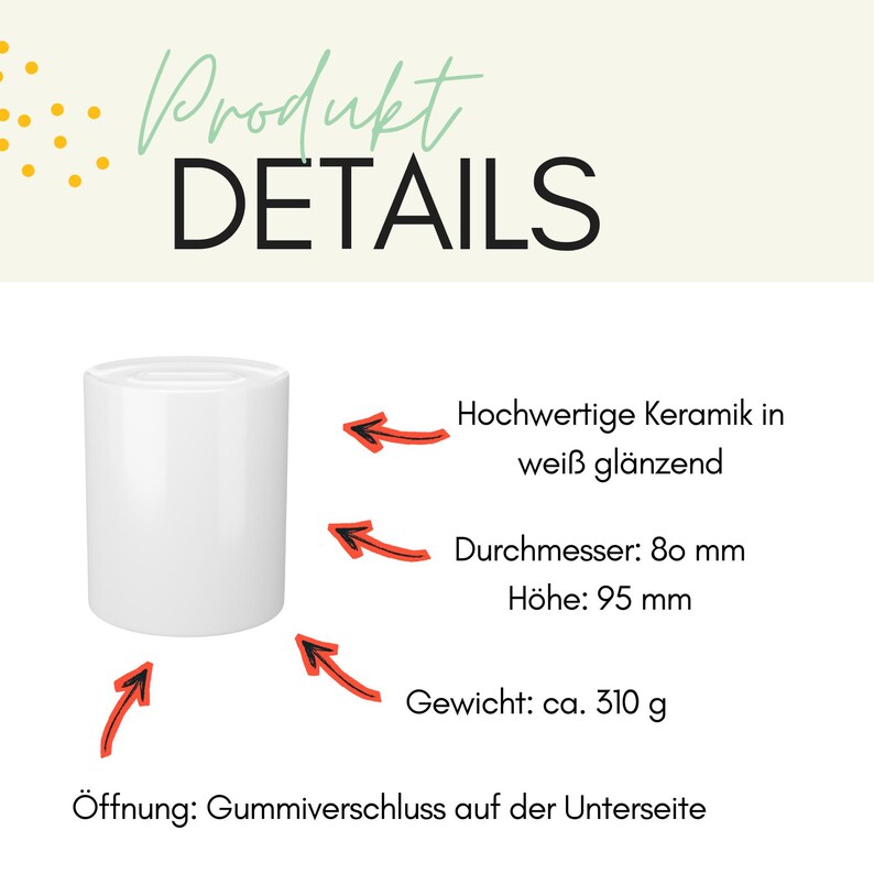 May include: A white ceramic cylinder with a glossy finish. The product details include the text "Produkt DETAILS", diameter 80 mm, height 95 mm, and weight approximately 310 g. The opening has a rubber stopper on the underside.