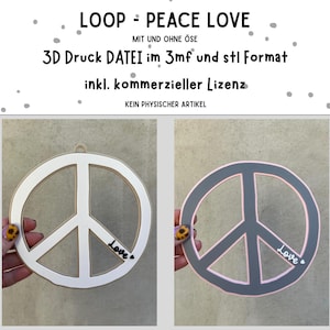 May include: Two peace symbol ornaments are displayed. One is white with a gold border and the word "Love". The other is grey with a pink border and the word "Love". The text at the top says "LOOP - PEACE LOVE".
