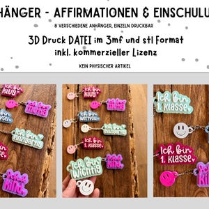 Può includere: Una collezione di portachiavi colorati con affermazioni positive e frasi a tema scolastico. I portachiavi presentano frasi come "Ich bin 1. Klasse" e "Schul Kind" in vari colori, con accenti di faccine sorridenti. L'immagine include anche testo in tedesco.
