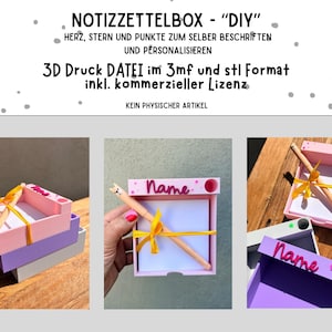 May include: A DIY notepad box in pink, purple, and gray, with a pencil and a yellow ribbon. The box has the word "Name" on it. The image also includes text in German.