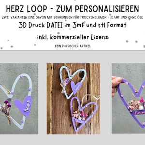 Könnte beinhalten: Drei herzförmige Dekorationen in Weiß und Lila, gefüllt mit Trockenblumen und dem Wort "Name". Der Text oben lautet "HERZ LOOP - ZUM PERSONALISIEREN".