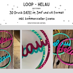 Könnte beinhalten: Das Bild zeigt drei kreisförmige Dekorationen mit dem Wort "Helau" in Schreibschrift. Die Dekorationen sind in Pink und Türkis gehalten, mit gelben Bändern zum Aufhängen. Der Text "LOOP - HELAU" steht oben.
