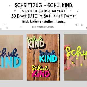 Può includere: Una collezione di opere d'arte con la scritta "Schul Kind" stampate in 3D e colorate. Le parole sono in vari colori, tra cui blu, giallo e rosa, con dettagli a forma di stella o cuore. Il testo "SCHRIFTZUG - SCHULKIND" è in alto.