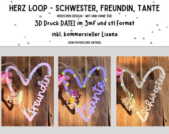 3D file heart loop sister, aunt, friend - each with and without eyelet - in 3mf and stl format including commercial license