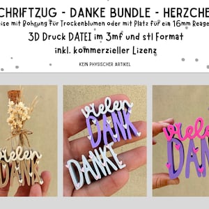 Könnte beinhalten: Eine Auswahl an 3D-gedruckten "Danke" (Danke) Schildern in verschiedenen Designs. Ein Schild ist an einer kleinen Glasflasche mit Trockenblumen befestigt. Andere Schilder sind in Lila und Weiß gehalten, mit Herzakzenten. Der Text "Vielen Dank" ist sichtbar.