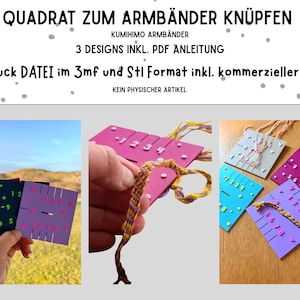 May include: Image of Kumihimo bracelet making tools. The image shows several colourful square templates with numbers and slots, used for braiding bracelets. The text on the image says "QUADRAT ZUM ARMBÄNDER KNÜPFEN" and "3 DESIGNS INKL. PDF ANLEITUNG".