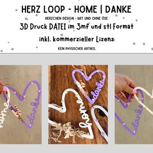 Könnte beinhalten: Drei herzförmige Wanddekorationen. Zwei sind weiß mit dem Wort "home" und die andere ist lila mit dem Wort "danke". Jedes Herz hat ein dekoratives Blumenelement. Der Text "HERZ LOOP - HOME | DANKE" steht oben.