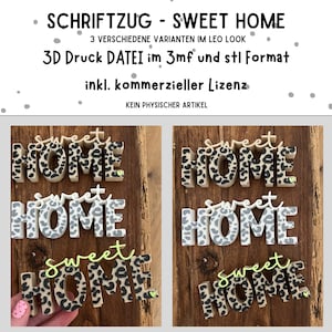 Könnte beinhalten: Holzschilder "Sweet Home" in drei verschiedenen Designs mit Leopardenmuster. Die Schilder werden auf einem Holzgrund gezeigt. Der Text "SCHRIFTZUG - SWEET HOME" steht oben.