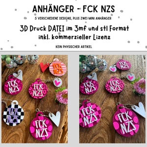 Op de afbeelding: Een collectie ronde sleutelhangers met de tekst FCK NZS in witte letters. De ontwerpen bevatten roze luipaardprints, zwart-witte ruitpatronen en effen roze achtergronden met witte hartvormige bedels eraan bevestigd.