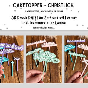 Könnte beinhalten: Eine Sammlung farbenfroher Tortenaufsätze mit religiösen Themen. Die Aufsätze enthalten Sätze wie "Kommunionkind" und "Gottes Segen" in verschiedenen Farben. Das Bild zeigt auch ein Kreuz- und Fischsymbol.