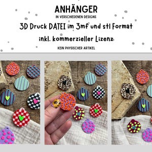 Könnte beinhalten: Eine Sammlung bunter Anhänger mit verschiedenen Mustern. Die Anhänger zeigen Designs wie Leopardenmuster, Streifen, Herzen und Punkte. Der Text in Deutsch lautet: "ANHÄNGER IN VERSCHIEDENEN DESIGNS 3D Druck DATEI im 3mf und stl Format inkl. kommerzieller Lizenz KEIN PHYSISCHER ARTIKEL."