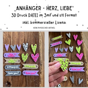 May include: A collection of colorful heart-shaped pendants and banners with text. The pendants are in various colors, including purple, gray, and neon green. The banners have phrases like "love you" and "Mensch". The image also includes text in German.